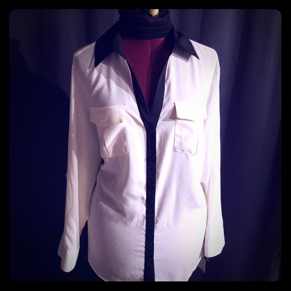Creamy Sheer Blouse W Black Trim XL NWT